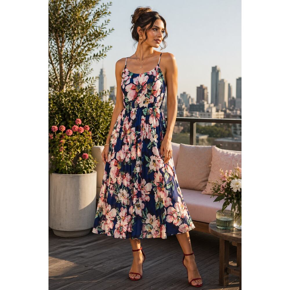 WELLS GRACE Floral Tie Back Midi Dress Small Blue Pink Summer Cocktail Party